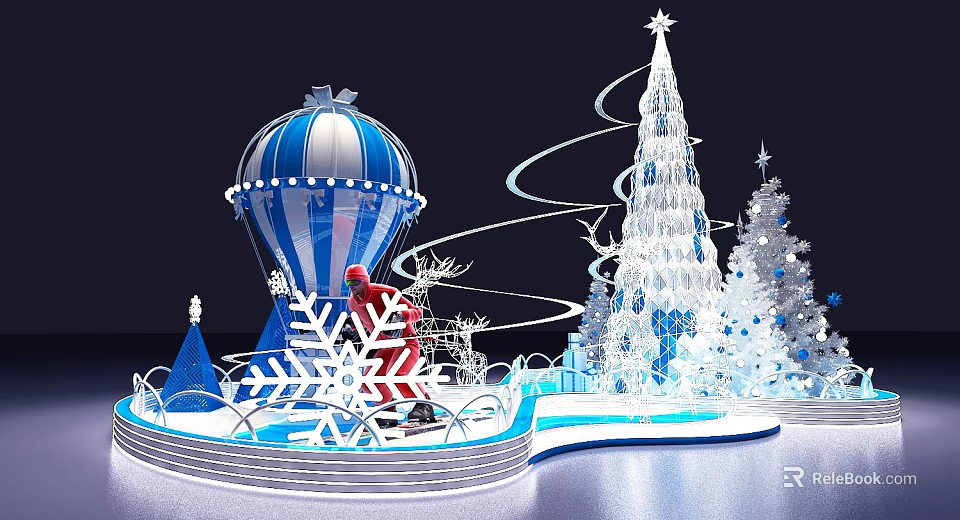 Christmas Check in Area with Santa Blue White Hot Air Balloon Snowflakes and Tree 3d model 