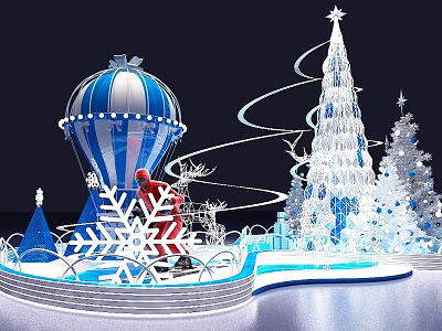 Christmas Check in Area with Santa Blue White Hot Air Balloon Snowflakes and Tree 3d model