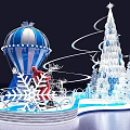 Christmas Check in Area with Santa Blue White Hot Air Balloon Snowflakes and Tree