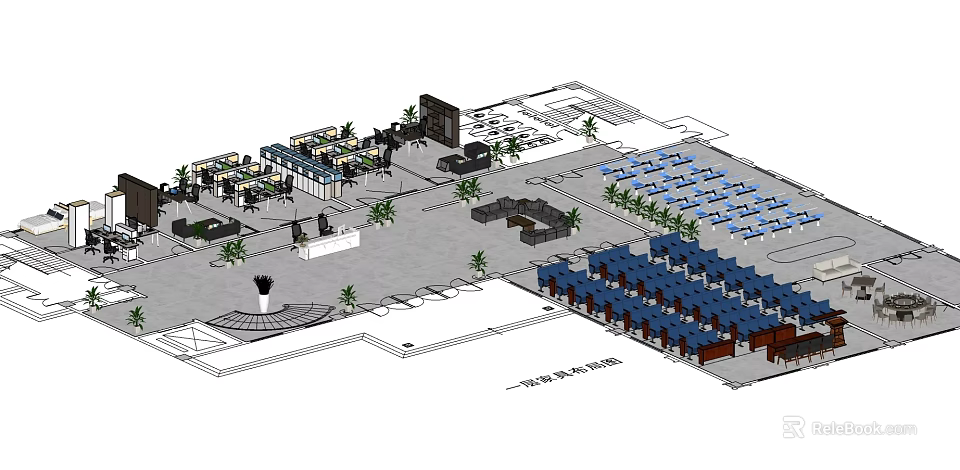 Modern Office Interior Layout With Workstations Seating Areas And Green Plants 3d model 