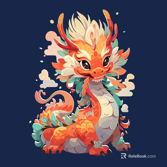 Colorful Cartoon Dragon Sculpture With Scales Horns And Cloud Decorations On Dark Blue Background 3d model 