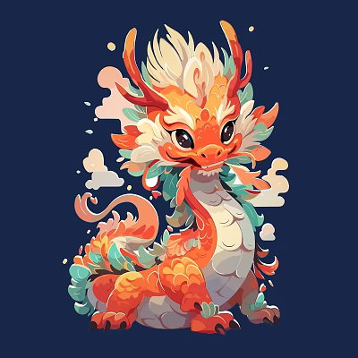 Colorful Cartoon Dragon Sculpture With Scales Horns And Cloud Decorations On Dark Blue Background 3d model