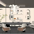 Modern Dining Room Interior With Arch Design Dining Table Chairs Pendant Light And Green Plant