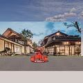 Vibrant Red Orange Art Installation With Firework Top And Hanging Lanterns In Traditional Courtyard