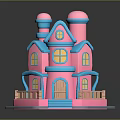 Cartoon Style Pink And Blue House Model With Towers Windows Wooden Door And Steps