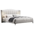 Modern Upholstered Double Bed With Linen Sheets Pillows And Patterned Blanket