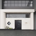 Modern Sales Office Exterior With White Facade Black Door And Glass Windows