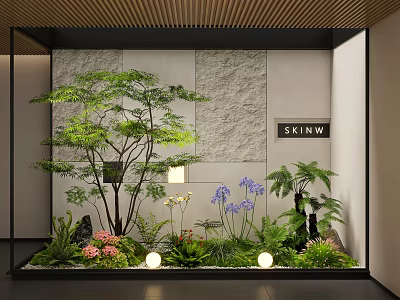 Indoor Landscape Design With Green Plants Purple Pink Flowers Stone Wall And Wooden Ceiling 3d model
