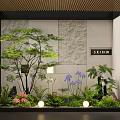 Indoor Landscape Design With Green Plants Purple Pink Flowers Stone Wall And Wooden Ceiling