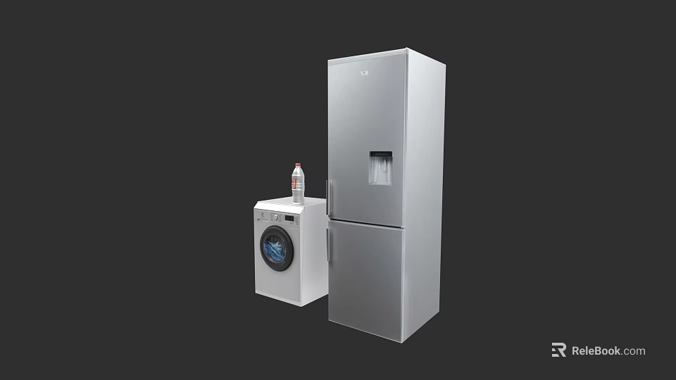 Modern Kitchen Appliances Silver Washing Machine And Refrigerator With Water Dispenser 3d model 