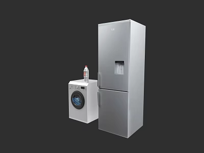 Modern Kitchen Appliances Silver Washing Machine And Refrigerator With Water Dispenser 3d model