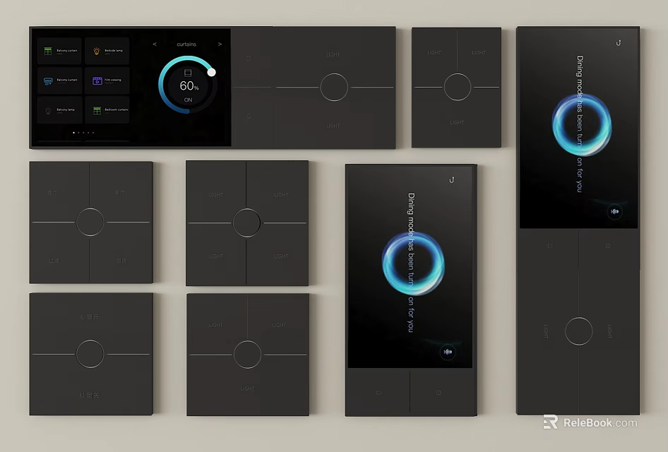 Modern Black Smart Switch Panels With Circular Indicators And Touch Screens 3d model 