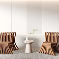Modern Curved Wooden Table And Chairs Set With Vase Green Plants White Vertical Stripe Wall