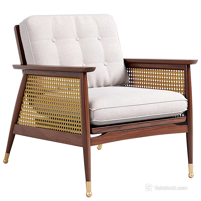 Stylish Accent Chair With Wooden Frame Woven Sides Tufted Cushion And Gold Metal Legs 3d model 