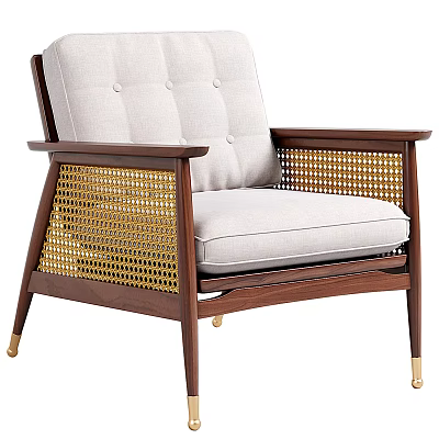 Stylish Accent Chair With Wooden Frame Woven Sides Tufted Cushion And Gold Metal Legs 3d model
