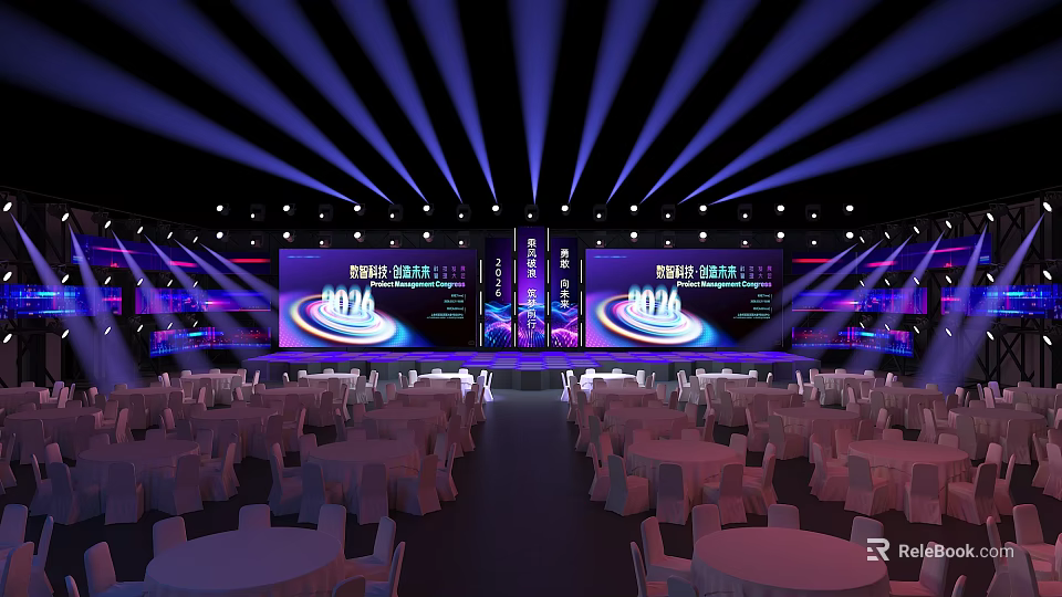 Modern Stage with Purple Lighting Large Screens and Round Tables Setup 3d model 