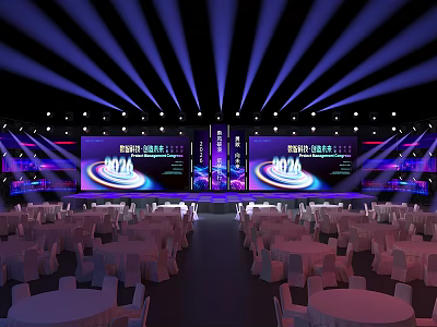 Modern Stage with Purple Lighting Large Screens and Round Tables Setup 3d model