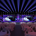 Modern Stage with Purple Lighting Large Screens and Round Tables Setup