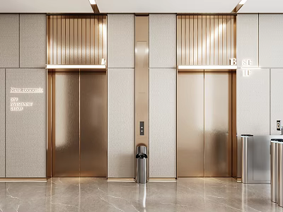 Modern Luxury Elevator Lobby With Golden Doors And Marble Floor Design 3d model
