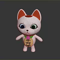 White Lucky Cat Doll With Red Ears Green Collar And Golden Lucky Charm
