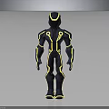 Futuristic Armored Character with Yellow Accent Lines in Dark Exoskeleton Suit 3D Render Design