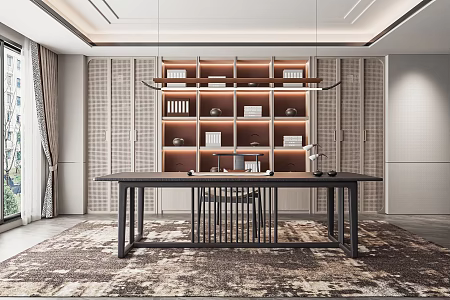New Chinese Style Study Tea Room Desk and Chair Tea Table and Chair Desk Bookcase Desk Leisure Chair Decorative Cabinet 3d model