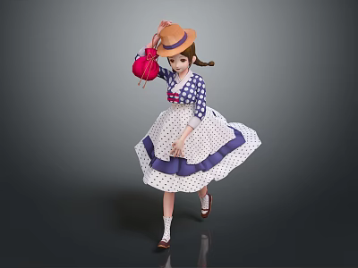 Game And Movie Character In Brown Hat Red Bag Blue White Checkered Top And White Dress With Purple Trim 3d model