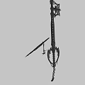 Game Character Ornate Key Shaped Weapon With Black White Blade Chain And Blue Accents