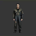 Man in Distressed Work Jacket and Torn Pants Standing Against Gray Background