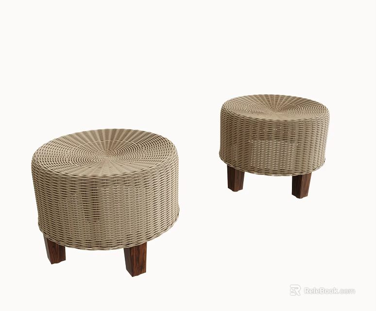 Two Round Beige Rattan Woven Stools With Wooden Legs Modern Design 3d model 