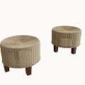 Two Round Beige Rattan Woven Stools With Wooden Legs Modern Design