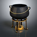 Traditional Black Household Cauldron With Two Handles On Ornate Golden Stand