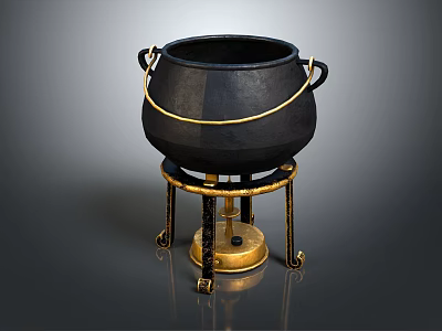 Traditional Black Household Cauldron With Two Handles On Ornate Golden Stand 3d model