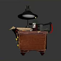 Red Wooden Desk With Table Lamp Open Book Papers And Ink Bottle