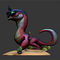 Vibrant Fantasy Creature With Purple Pink Body Green Eyes On Sandy Base With Small Cactus