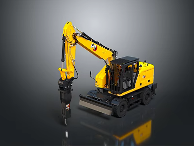 Yellow Wheel Excavator Equipped with Hydraulic Breaker for Heavy Duty Construction Tasks 3d model