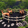 Park Landscape with Deer Rope Fence Stepping Stones Green Trees and Pink Flowers