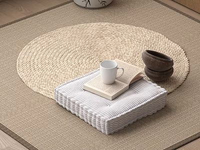 Woven Round Floor Rug With Stacked White Cushions Open Book Ceramic Cup And Clay Bowl 3d model