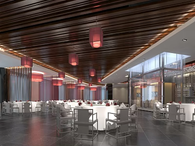 Modern Restaurant Interior With Wooden Ceiling Red Pendant Lights And White Dining Tables 3d model
