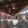 Modern Restaurant Interior With Wooden Ceiling Red Pendant Lights And White Dining Tables