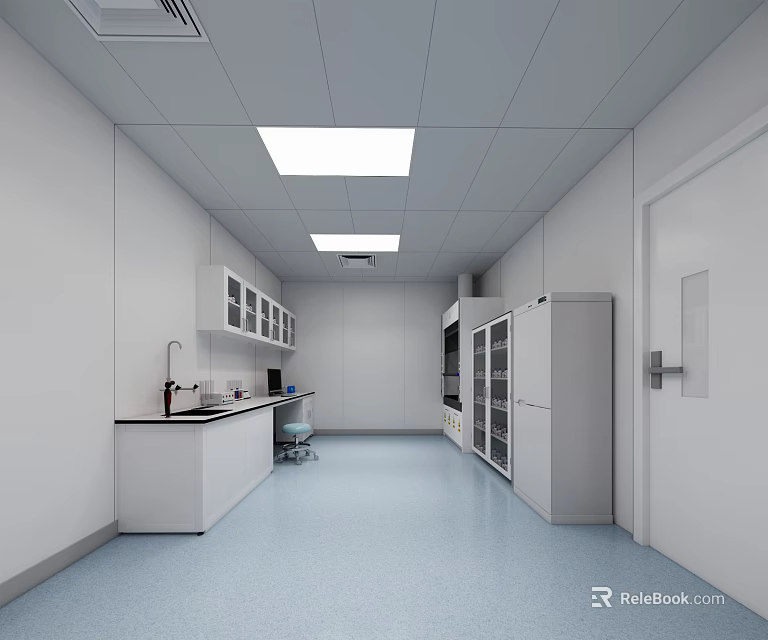 Laboratory Interior Featuring White Walls Blue Flooring Ceiling Lights Workbench Glass Door Cabinets And Refrigerator 3d model 