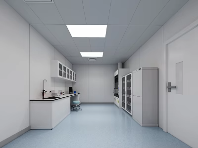 Laboratory Interior Featuring White Walls Blue Flooring Ceiling Lights Workbench Glass Door Cabinets And Refrigerator 3d model