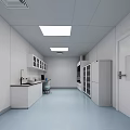 Laboratory Interior Featuring White Walls Blue Flooring Ceiling Lights Workbench Glass Door Cabinets And Refrigerator