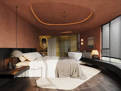 Modern Hotel Guest Room Featuring Curved Ceiling Warm Toned Walls Bedside Lamp And Bathtub 3d model