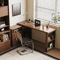 Modern Wooden Desk Setup With Bookshelf Chair Lamp Laptop And Coffee Cup