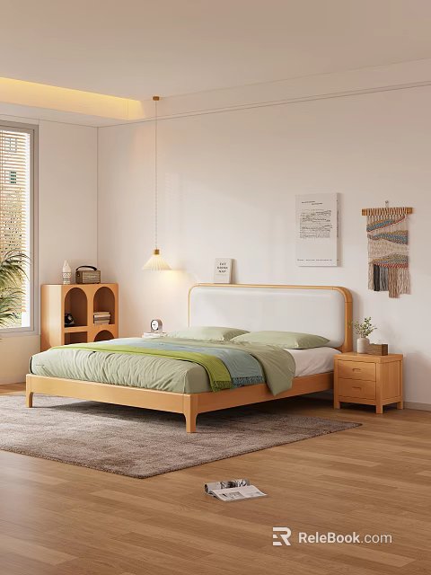 Wooden Double Bed With Light Headboard Green Blue Bedding Nightstand In Modern Cozy Bedroom 3d model 