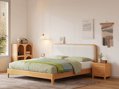 Wooden Double Bed With Light Headboard Green Blue Bedding Nightstand In Modern Cozy Bedroom 3d model