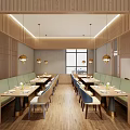 Modern Restaurant Interior With Blue White Chairs Gold Grilles And Pendant Lights