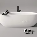 White Oval Shaped Bathtub with Black Faucet Edge Tray and Slippers in Front