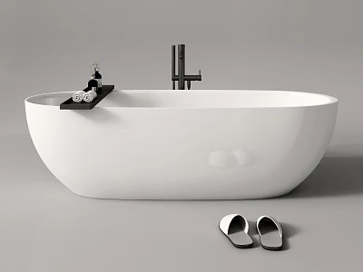 White Oval Shaped Bathtub with Black Faucet Edge Tray and Slippers in Front 3d model